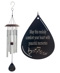 Memorial Gift in Sympathy “May This Melody Comfort Your Heart" Silver Large 34 inch Memorial Wind Chime by Weathered Raindrop