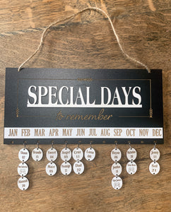 Gifts SPECIAL Days to Remember Calendar Sign Board  in Oak or Black, Engraved Circles
