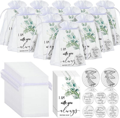 72 Pcs Memorial Angel Sign Coins Set Includes Pocket Angel Tokens Coins Inspirational Christian Bible Verb Quotes Angel Charm with I Am with You Always Cards and White Organza Bags for Home Family