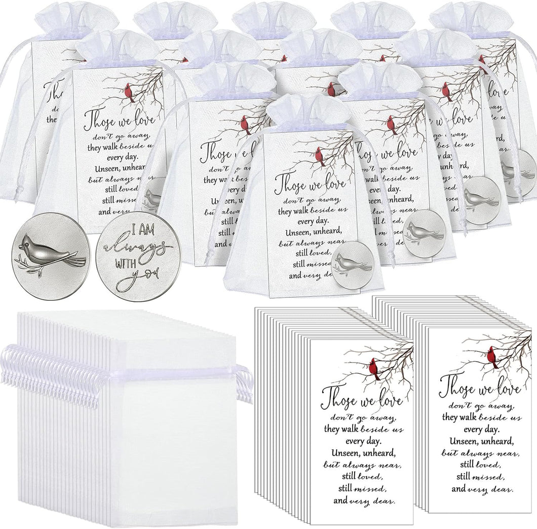 Cardinal Memorial Angel Sign Coins Set Include Funeral Pocket Token Poem Cards and White Organza Bags for Charms Wedding Memory Presents Family (Stylish, 150 Pcs)