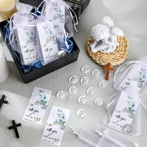 72 Pcs Memorial Angel Sign Coins Set Includes Pocket Angel Tokens Coins Inspirational Christian Bible Verb Quotes Angel Charm with I Am with You Always Cards and White Organza Bags for Home Family