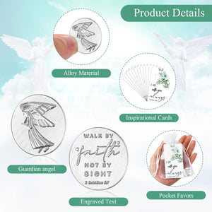 72 Pcs Memorial Angel Sign Coins Set Includes Pocket Angel Tokens Coins Inspirational Christian Bible Verb Quotes Angel Charm with I Am with You Always Cards and White Organza Bags for Home Family