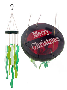 Merry Christmas Red & Green Holiday Sea Glass Wind Chime Sun Catcher Garden Gift Set