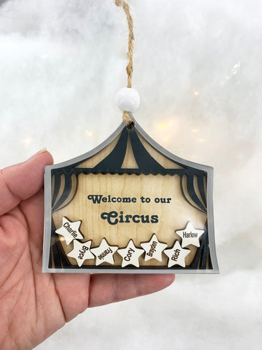 Personalized Circus Ornament Gift for Family with Custom Names on Stars by Weathered Raindrop