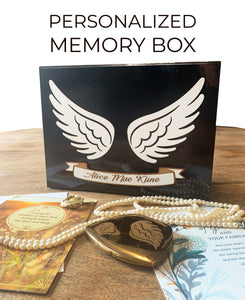 Angel Wings Memory Box Personalized in Memory of a Loved One, Holds Funeral Cards, Pictures, Special Mementos or Keepsakes; Add Custom Name