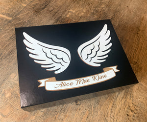 Angel Wings Memory Box Personalized in Memory of a Loved One, Holds Funeral Cards, Pictures, Special Mementos or Keepsakes; Add Custom Name