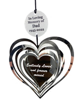 Memorial Gift in Sympathy “Endlessly Loved & Forever Missed" Silver Large Heart Spinner Wind Chime by Weathered Raindrop
