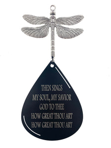 Memorial Gift in Sympathy “How Great Thou Art" Memorial Wood Teardrop Silver Dragonfly Large 28 inch Wind Chime by Weathered Raindrop