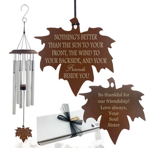 Friendship Gift 34 inch Variegated Silver Wind Chime with Rust Leaf Wind Sail Gift Set by Weathered Raindrop
