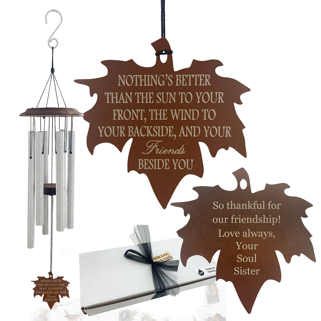 Friendship Gift 34 inch Variegated Silver Wind Chime with Rust Leaf Wind Sail Gift Set by Weathered Raindrop