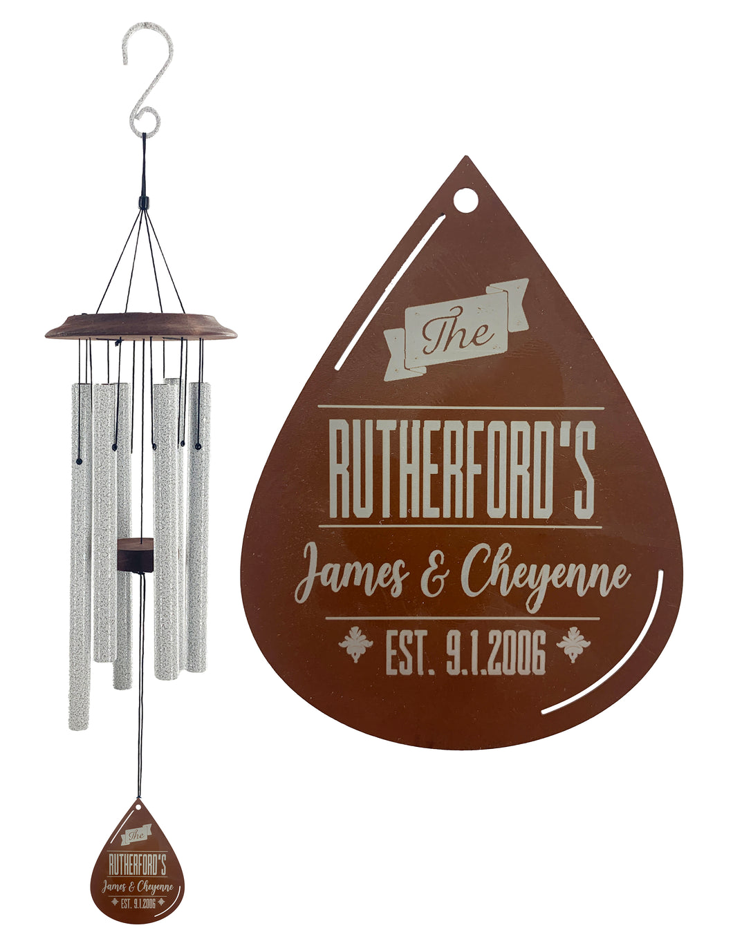 Anniversary or Wedding Custom Wind Chime Gift Set in Silver with Metal Maple Leaf or Raindrop Sail - Deep Tone and Personalized by Weathered Raindrop