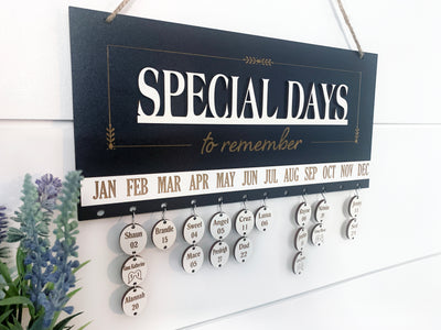 Gifts SPECIAL Days to Remember Calendar Sign Board  in Oak or Black, Engraved Circles