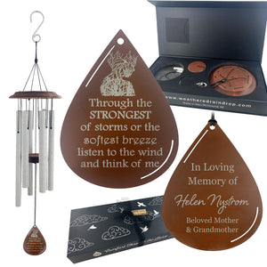 Sympathy "Listen to the Wind" Memorial Teardrop Silver Wind Chime Gift in Memory Deep Tone and Personalized by Weathered Raindrop