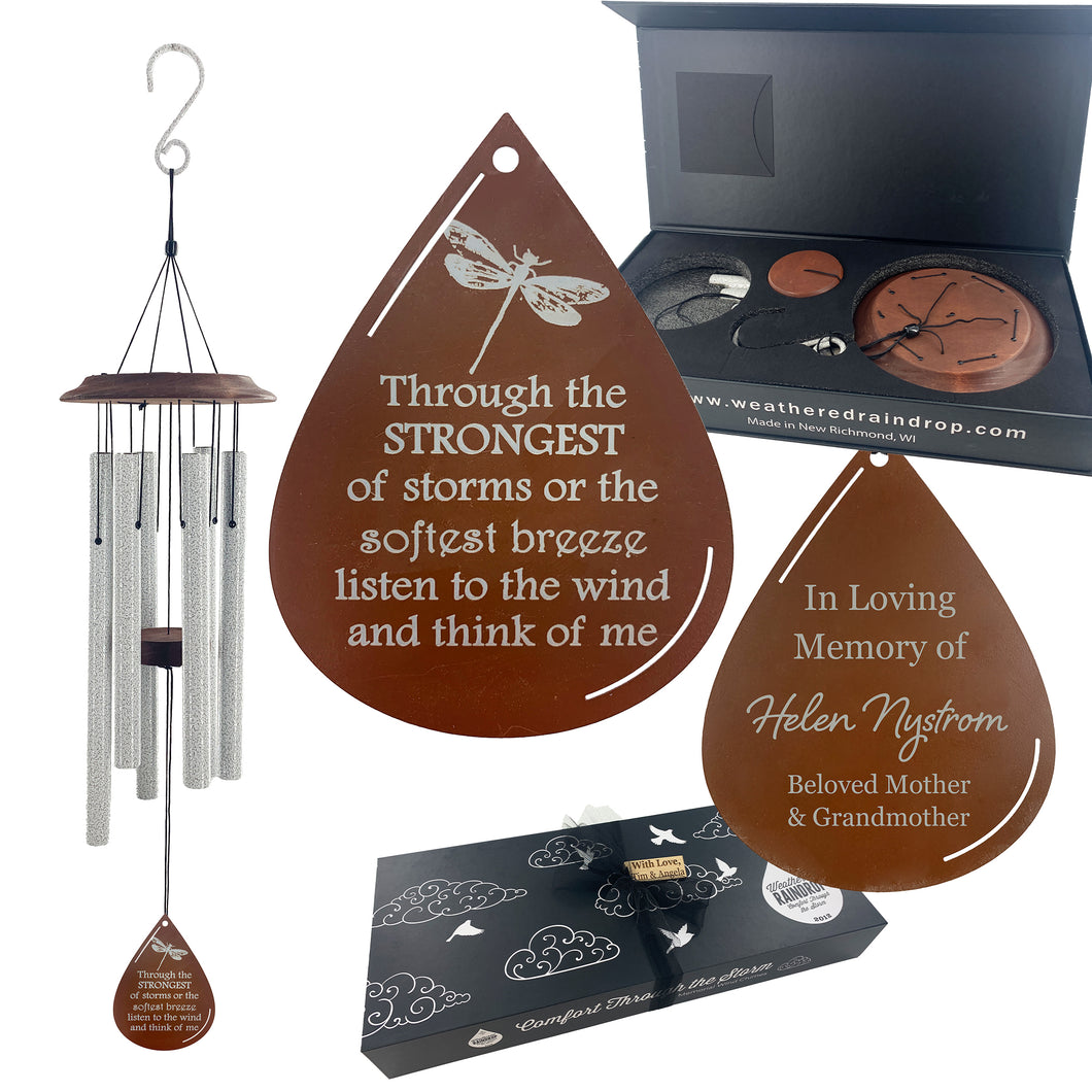 Memorial Dragonfly Silver Wind Chime Teardrop Sympathy Gift in Memory Deep Tone and Personalized by Weathered Raindrop
