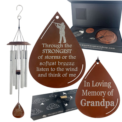 Memorial Hunter Silver Wind Chime Teardrop Sympathy Gift in Memory Deep Tone and Personalized by Weathered Raindrop