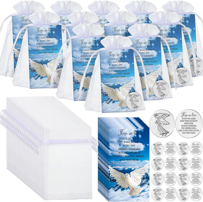 50 Sets Memorial Angel Sign Coins Set Includes 50 Funeral Pocket Angel Tokens Guardian Pocket Angel Coins 50 Peace Dove Pattern Cards Memorial Prayer Cards and 50 White Organza Bags