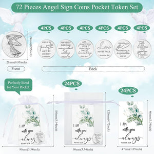 72 Pcs Memorial Angel Sign Coins Set Includes Pocket Angel Tokens Coins Inspirational Christian Bible Verb Quotes Angel Charm with I Am with You Always Cards and White Organza Bags for Home Family