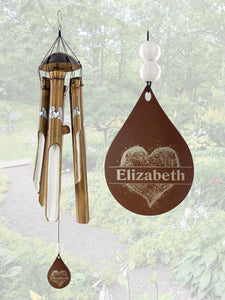 Bamboo Memorial Wind Chime | Personalized Heart | Painted Heart and Angel Wings Sympathy Wind Chime Gift | Option to Customize Back of Teardrop