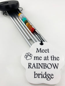 Meet Me at the Rainbow Bridge Pet Memorial Gift Set Beaded Silver Wind Chime In Memory of a Dog or Cat Sympathy Paw Print Gifts
