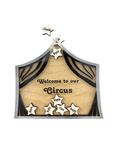 Personalized Circus Magnet Gift for Family with Custom Names on Stars by Weathered Raindrop
