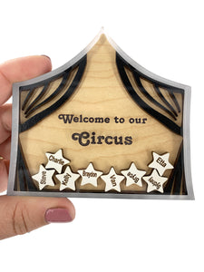 Personalized Circus Magnet Gift for Family with Custom Names on Stars by Weathered Raindrop