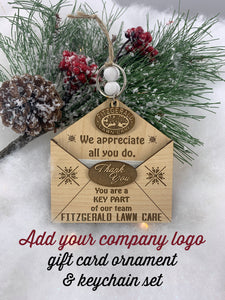 Employee Ornament & Keychain Gift Set | Envelope Gift Card Holder | Add Company Logo Corporate Thank You Holiday Gifts Custom Appreciation