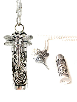 Dragonfly Memorial Sterling Jewelry Ashes Necklace CREMATION URN Pendant with custom necklace display by Weathered Raindrop