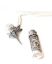 Dragonfly Memorial Sterling Jewelry Ashes Necklace CREMATION URN Pendant with custom necklace display by Weathered Raindrop