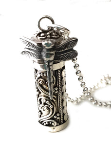 Dragonfly Memorial Sterling Jewelry Ashes Necklace CREMATION URN Pendant with custom necklace display by Weathered Raindrop