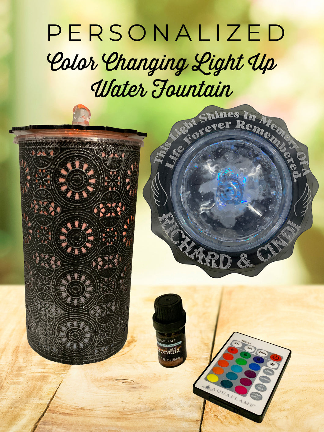 Custom Memorial Water Fountain, Color Changing, Light Up “This Light Shines in Memory of a Life Forever Remembered