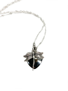Heart & Dragonfly Memorial Sterling Jewelry Ashes Necklace CREMATION URN Pendant and custom necklace display by Weathered Raindrop