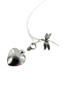 Heart & Dragonfly Memorial Sterling Jewelry Ashes Necklace CREMATION URN Pendant and custom necklace display by Weathered Raindrop