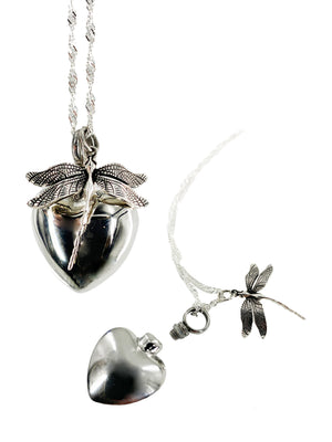 Heart & Dragonfly Memorial Sterling Jewelry Ashes Necklace CREMATION URN Pendant and custom necklace display by Weathered Raindrop