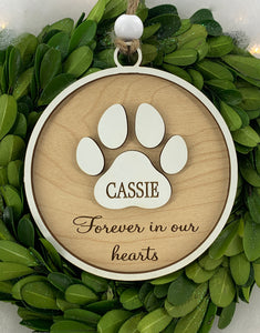 Pet Memorial Holiday Ornament "Forever in our Hearts" In Memory of Dog or Cat Sympathy Gift Paw Prints by Weathered Raindrop