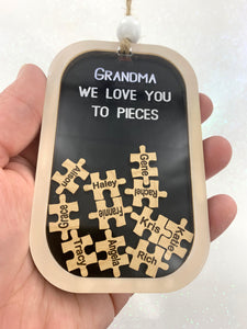 Puzzle Ornament Holiday Grandparent Gift "We Love You to Pieces" Personalized Grandchildren Ornament by Weathered Raindrop