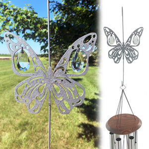 Butterfly Hanging Hook for Wind Chimes, Bird Feeders, Plants, Memorial Garden - Silver Butterfly with Crystal Prisms by Weathered Raindrop