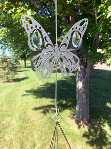 Butterfly Hanging Hook for Wind Chimes, Bird Feeders, Plants, Memorial Garden - Silver Butterfly with Crystal Prisms by Weathered Raindrop