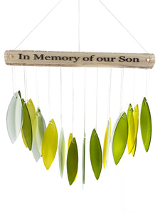 SALE: In Memory of our Son Stained Glass Memorial Custom Green & Gold Wind Chime Sun Catcher Sympathy Gift by Weathered Raindrop