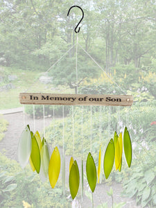 SALE: In Memory of our Son Stained Glass Memorial Custom Green & Gold Wind Chime Sun Catcher Sympathy Gift by Weathered Raindrop