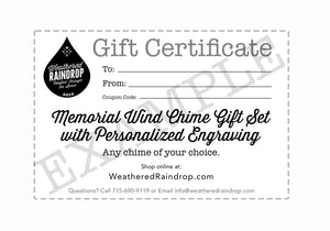 GIFT CERTIFICATE: Memorial Wind Chime Gift Set with Personalized Engraving, Chime of Choice, Printable 4x6 inch Certificate