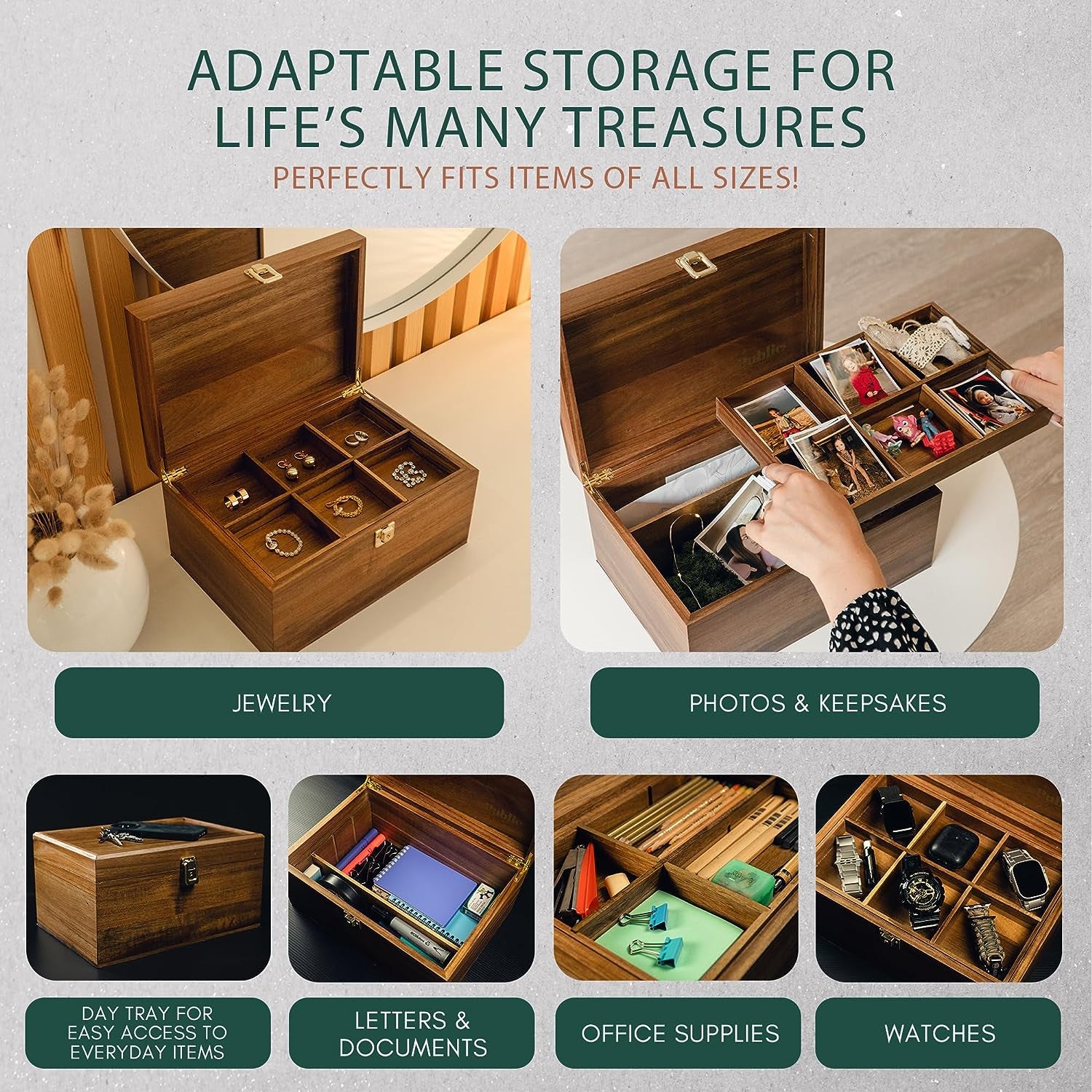Locking Wooden Keepsake Box, Customizable Design with Adjustable Tray – Weathered  Raindrop